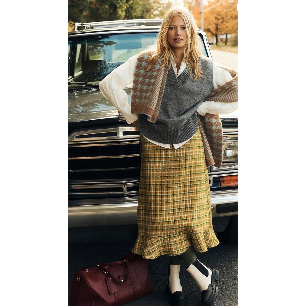 Anthropologie English Factory Yellow Green Plaid Midi Preppy Skirt Size XS